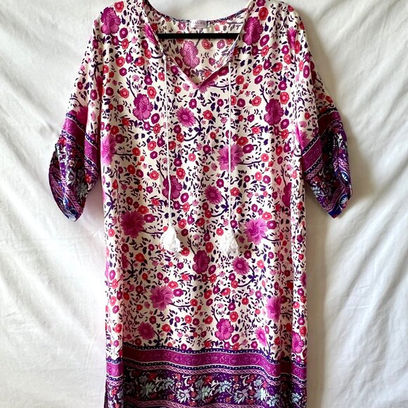 Halife Pink Floral Lightweight Boho-Chic Tunic Tassel Shift Dress, Size XL, EC - Picture 1 of 9